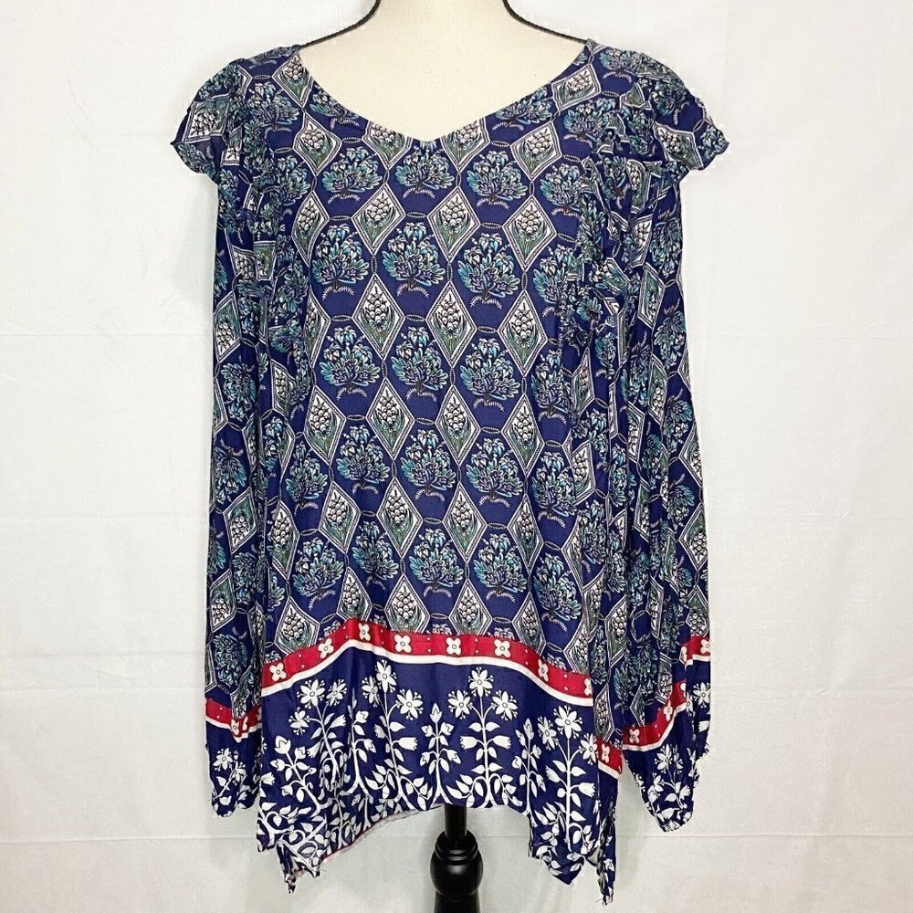 NWT Suzanne Betro Blue Floral Tunic Top Long Sleeve Ruffled Size 2X
